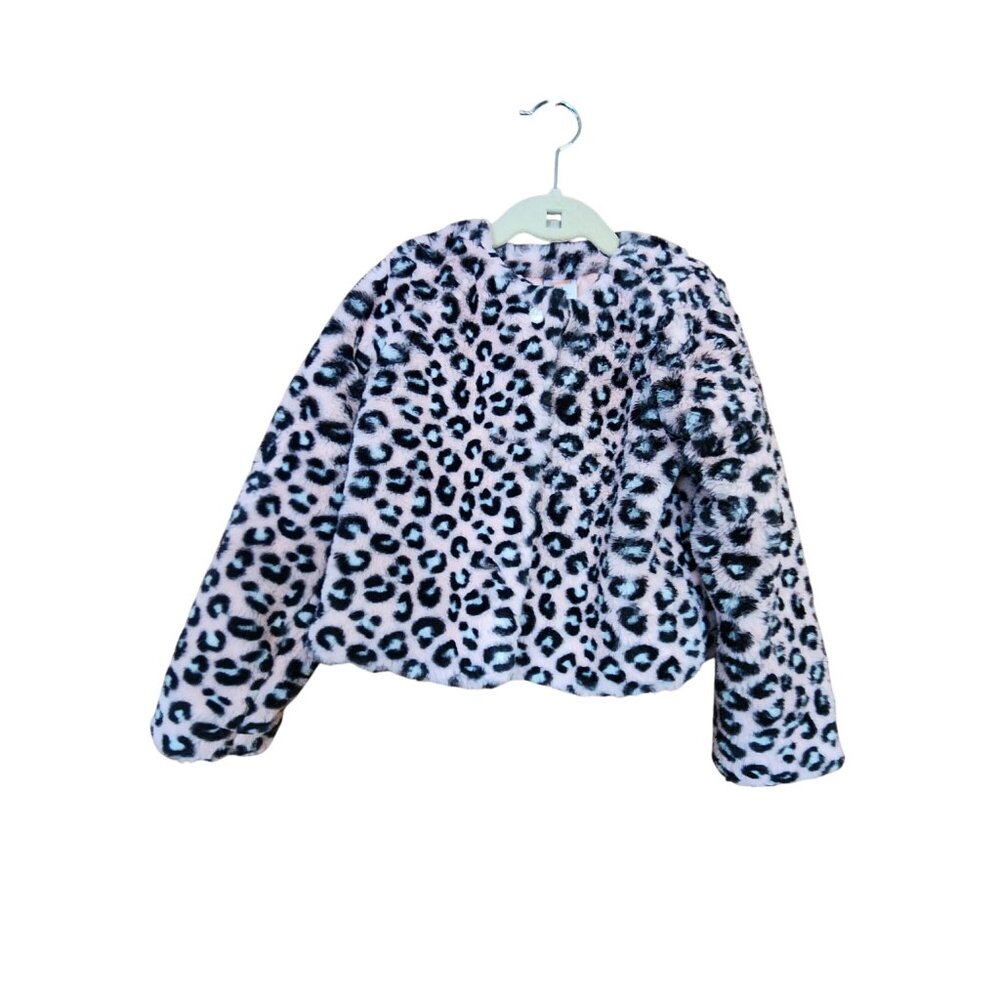 Gymboree girls' long-sleeve leopard faux fur coat in pink size 5T